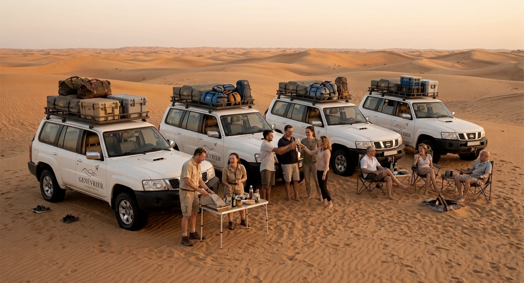 Genévrier 4x4 expedition vehicles in the Sahara dunes